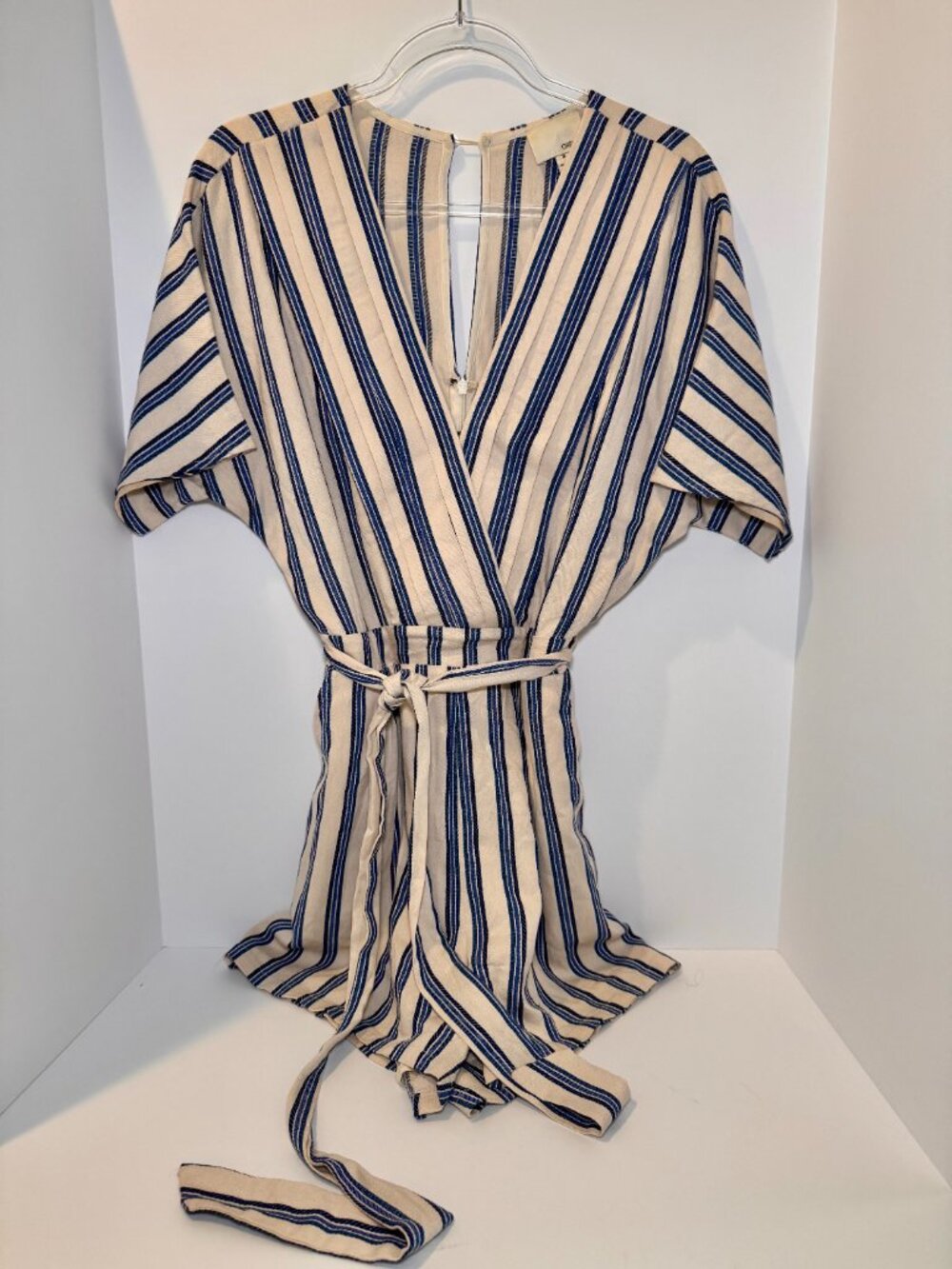 Anthro Greylin Striped Wrap Romper Blue White Tie Waist Coastal Resort Boho